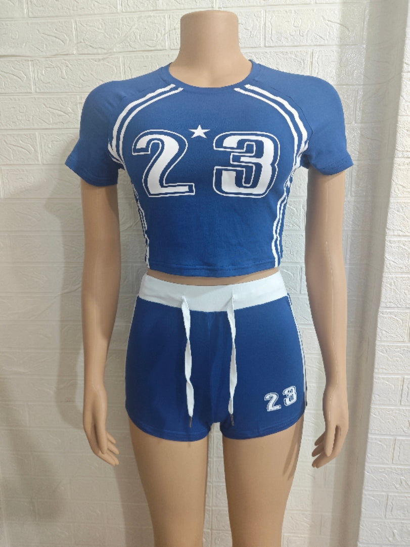 Women Contrast Color Digital Print Short Sleeve Crop Top and Shorts Two Pieces 11