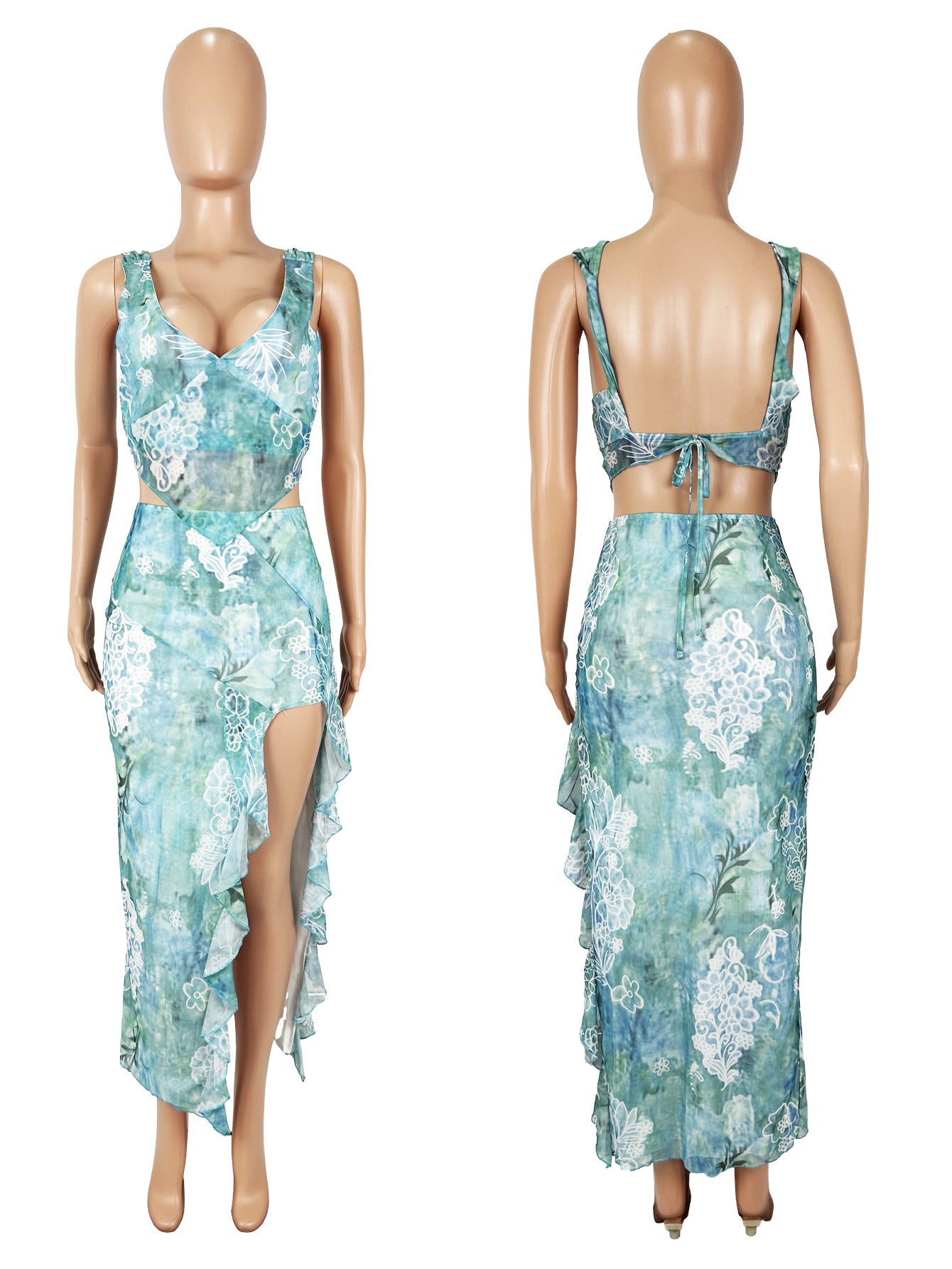 Women's Fashion Mesh Print Sexy Low Back Vest Slit Long Skirt Two-Piece Set 5