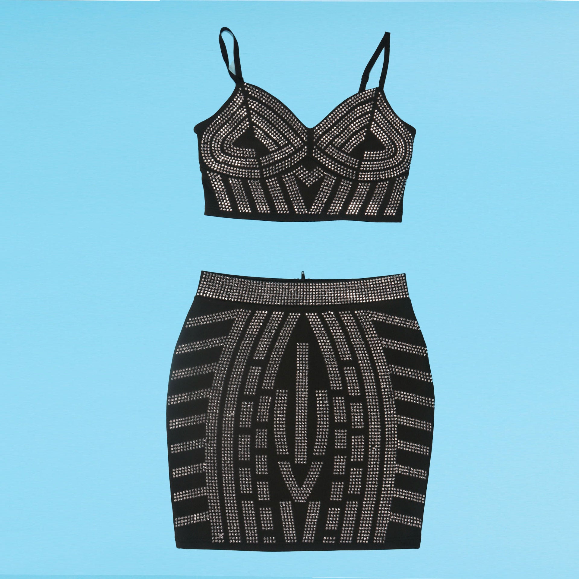 Beaded Elastic Strap Crop Top Bodycon Skirt Two Piece Set 17