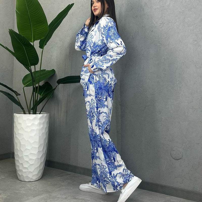 Women printed long-sleeved tie Top and Pant Casual two-piece set 8