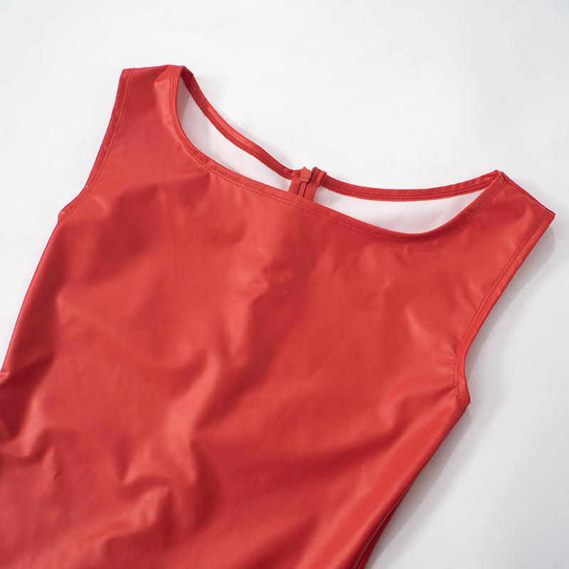 Women Solid Square Neck Zipper Sleeveless Stretchy Jumpsuit 10