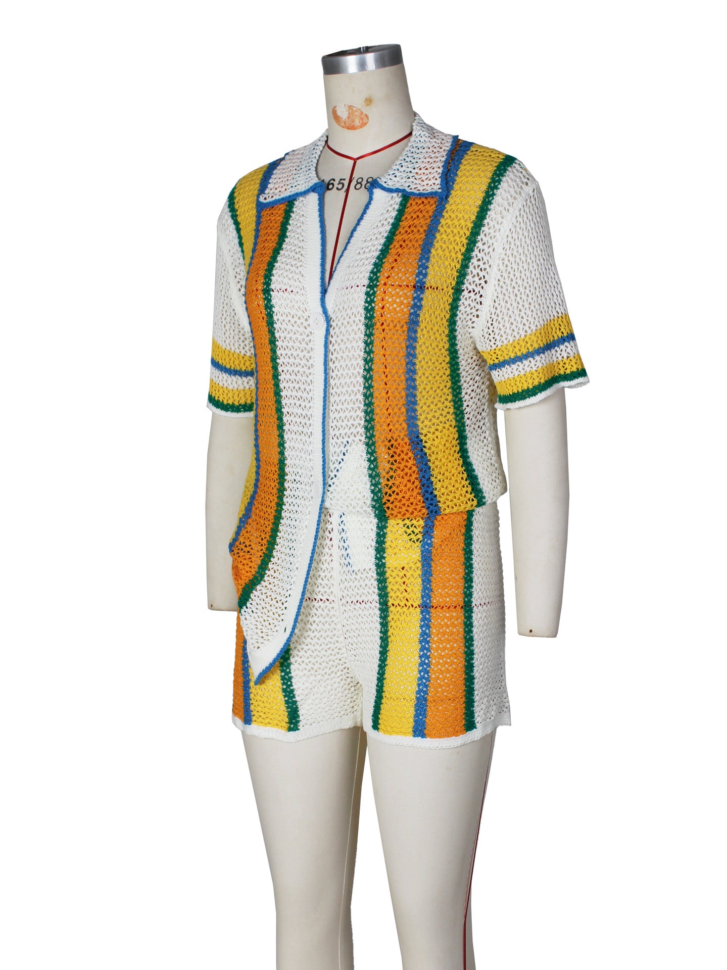 Women's Sexy Hollow Turn-Down Collar Knit Shorts Set 8