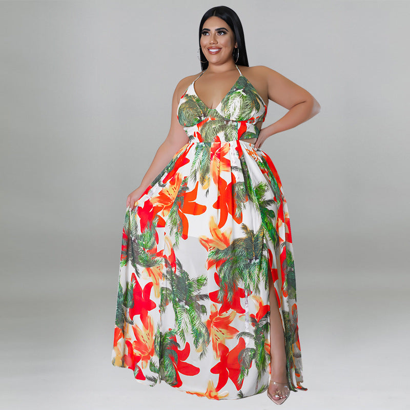 Plus Size Women summer sexy Lace-Up Backless print dress