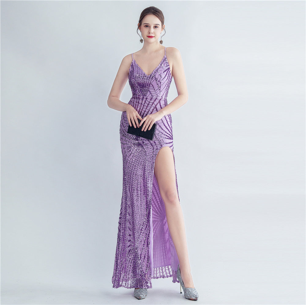 Women Sequined Side Slit Evening Dress 12