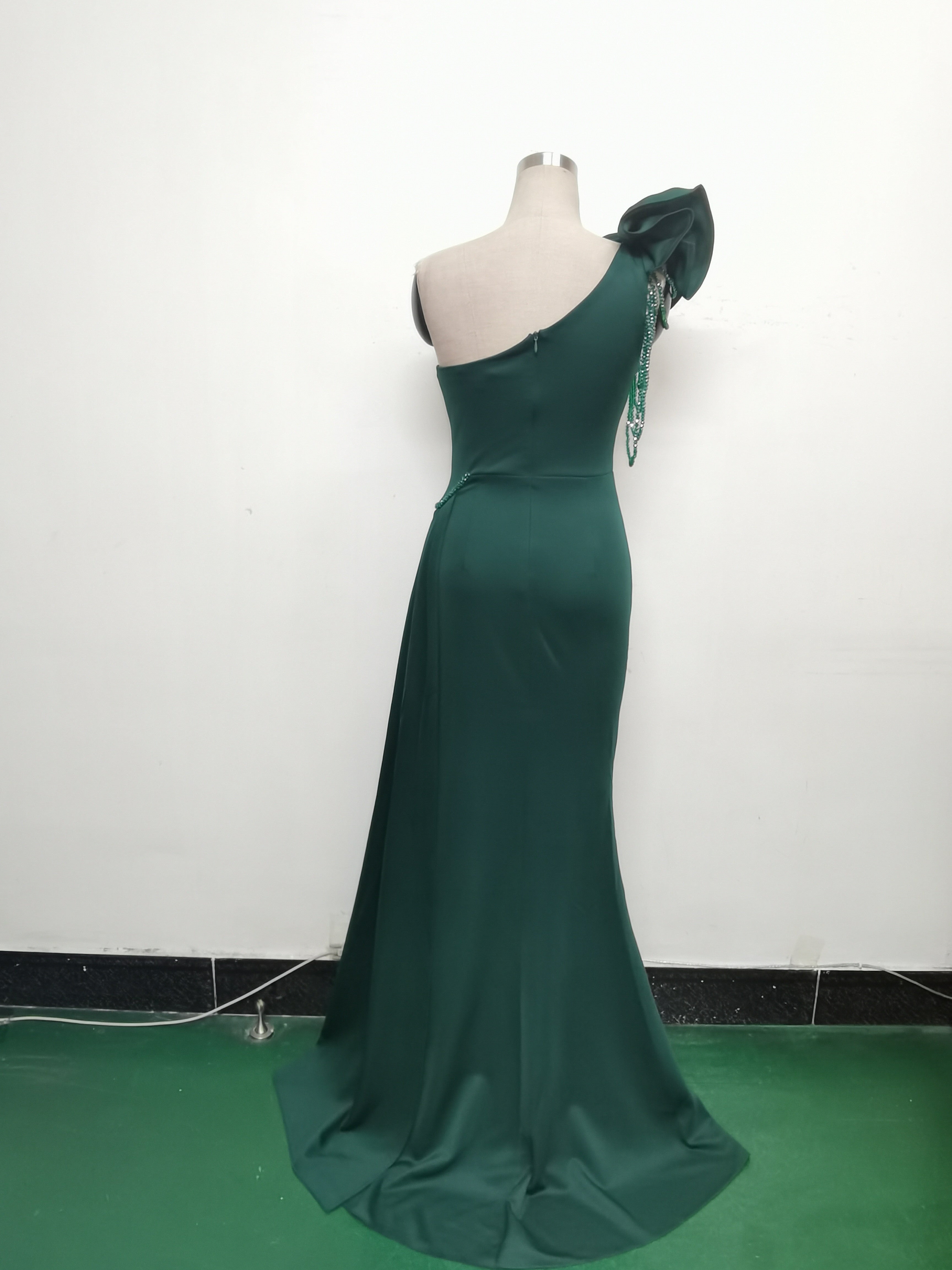 Women Beaded Flower Pleated Off-shoulder Split Evening Dress 21