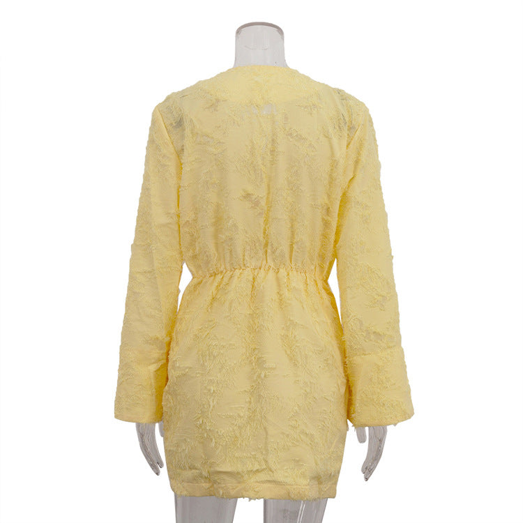 Spring And Autumn Solid Color Jacquard Long Sleeve V-Neck Loose Dress Women's Clothing 9