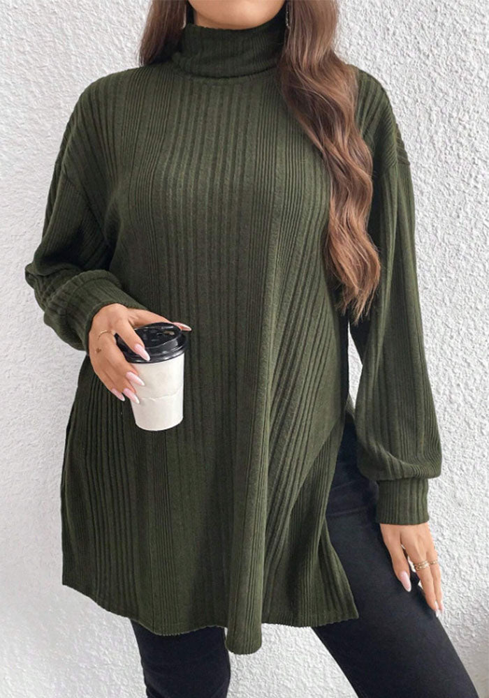 Plus Size Women High Neck Slit Knitting T-Shirt