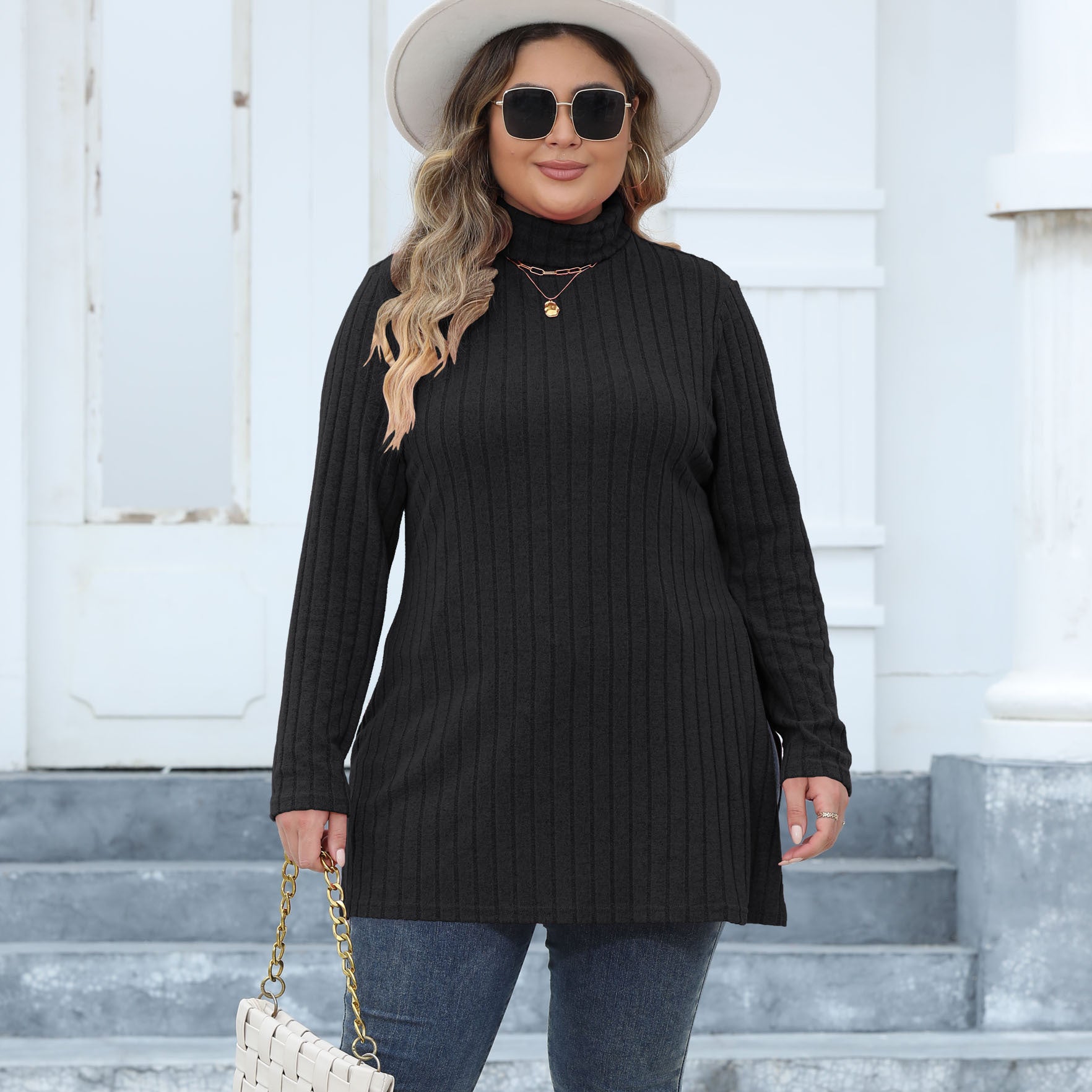 Women's Tops Plus Size Women's Turtleneck Slim Fit Basic Shirt Ribbed Slit Midi T-Shirt 11