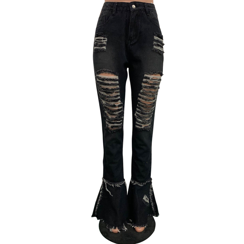 Women's Fringed Ripped Classic Denim Ruffle Trouser 21