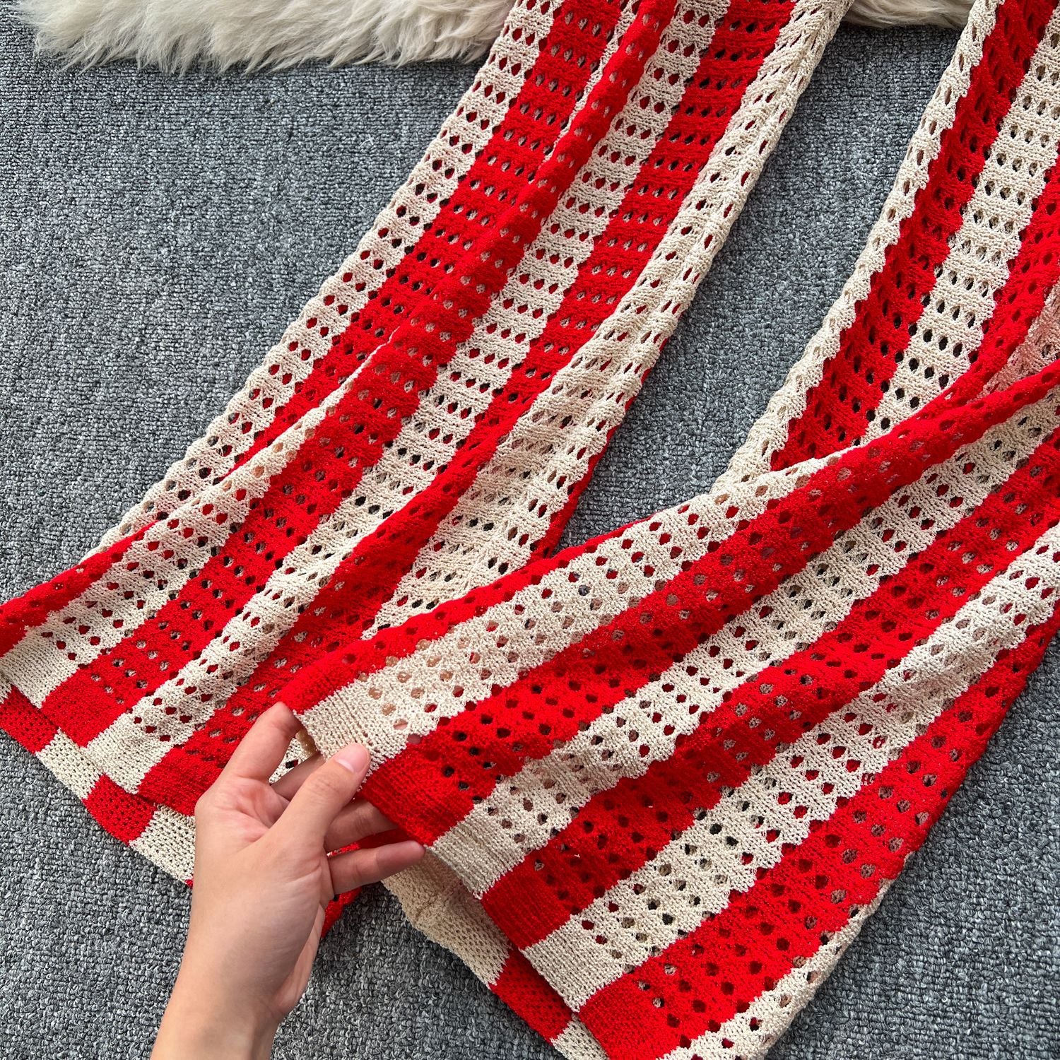 Women's Summer V-Neck Loose Knit Cardigan Top + Wide-Leg Pants Set Color-Block Striped Hollow-Out Outfit 30