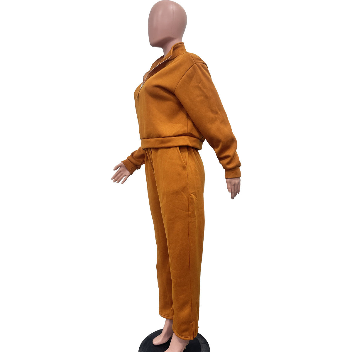 Women's Autumn winter Solid color loose zipper top drawstring pants sports two-piece set 9