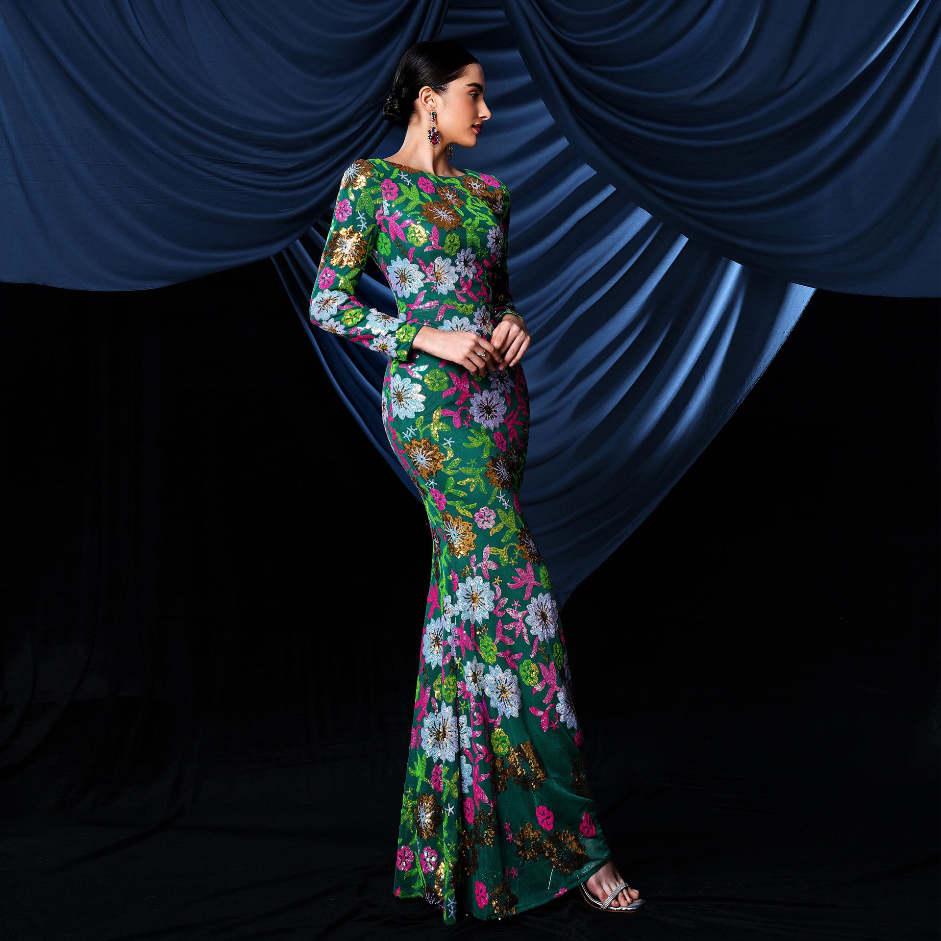 Long Sleeve Chic Round Neck Sexy Slim Long Floral Sequin Formal Party Evening Dress Bridesmaid Gown For Women 6