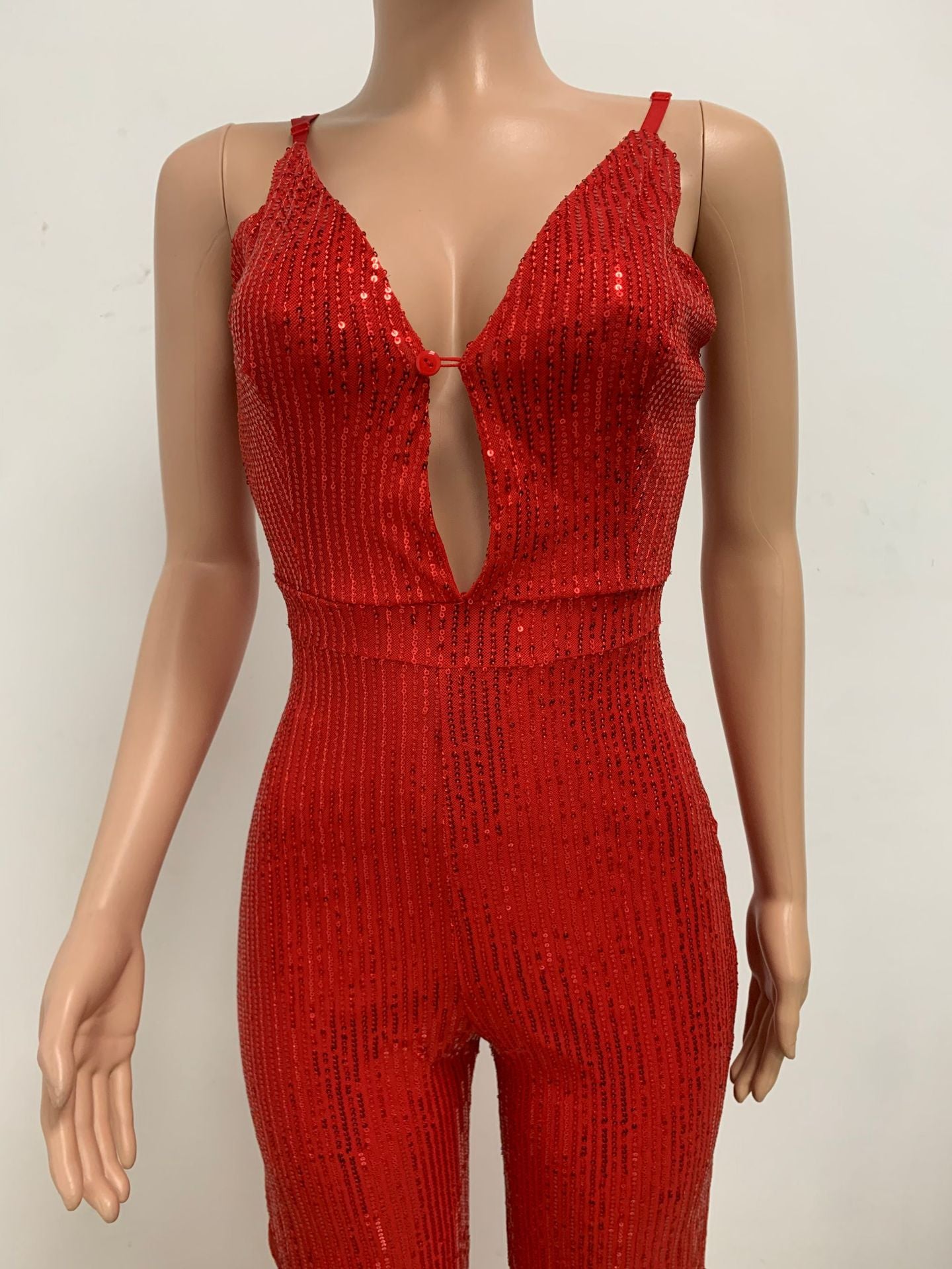 Deep V Neck Low Back Sleeveless Chic Sequined Straps Elegant Women's Party Jumpsuit 81