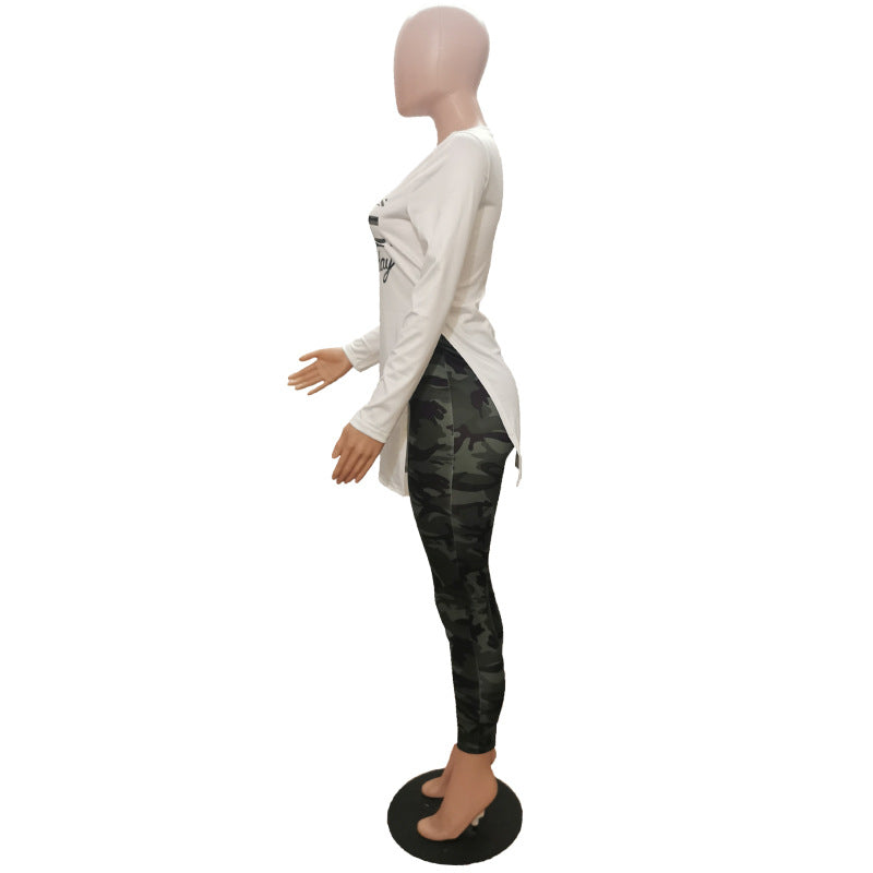 Women Letter Print Split Long Sleeve Top and PantTwo Piece Set 9