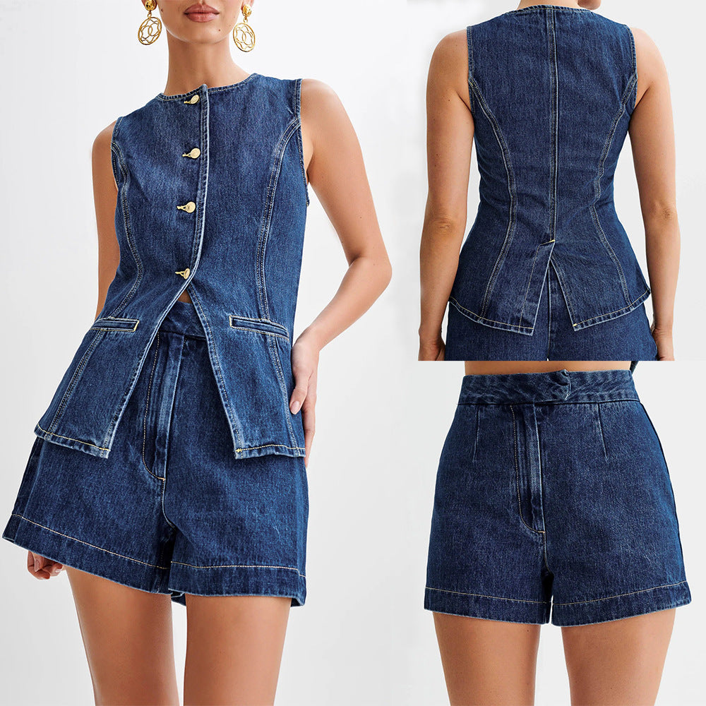 Summer Fashion Casual Sleeveless High Waist Women's Two Piece Denim Shorts Set