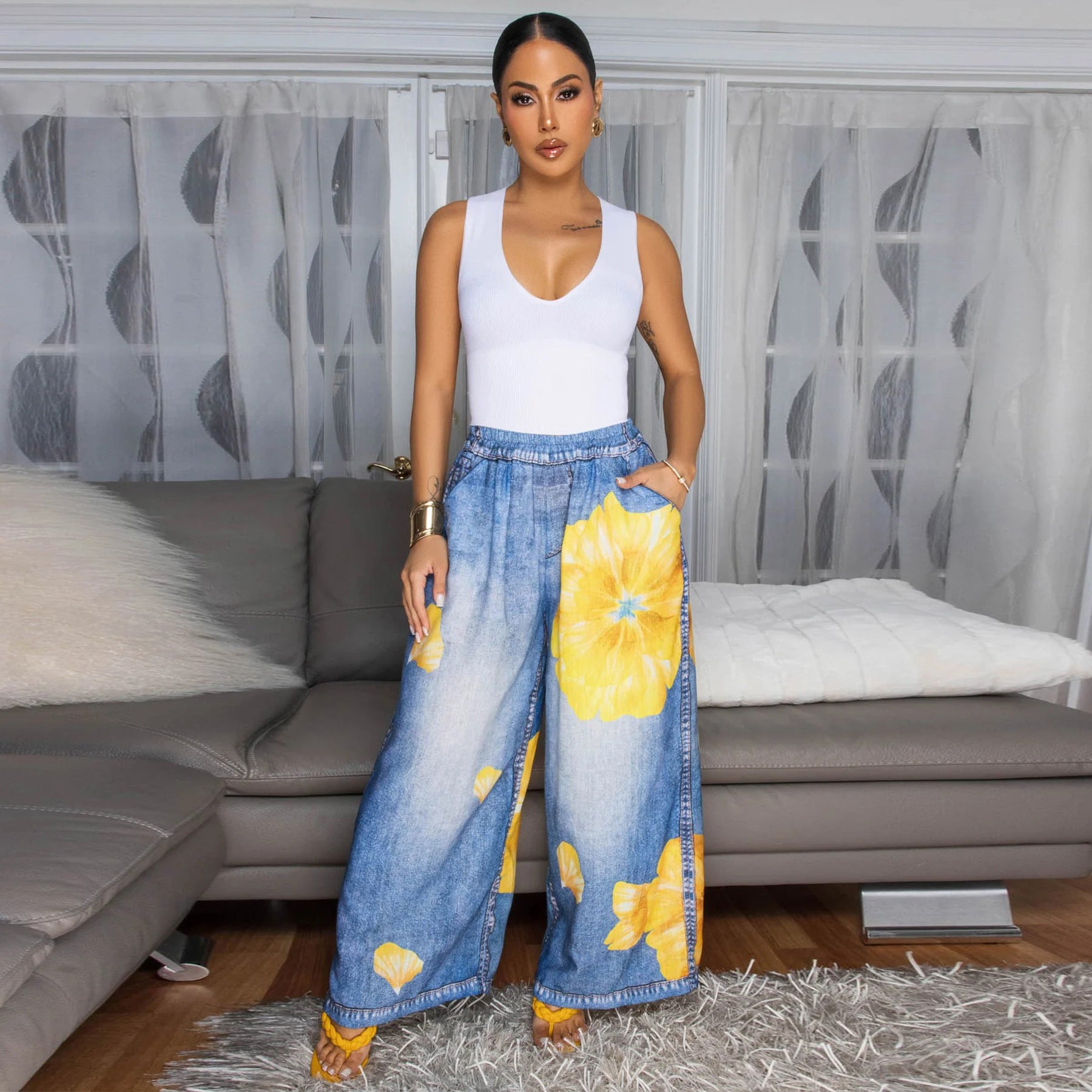 Women's print wide leg casual pants 3