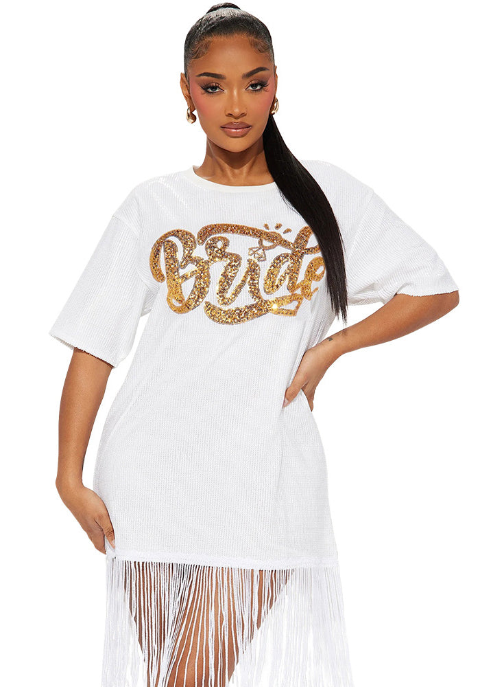 Women Fashion Round Neck Short Sleeve Sequin Tassel Casual Dress