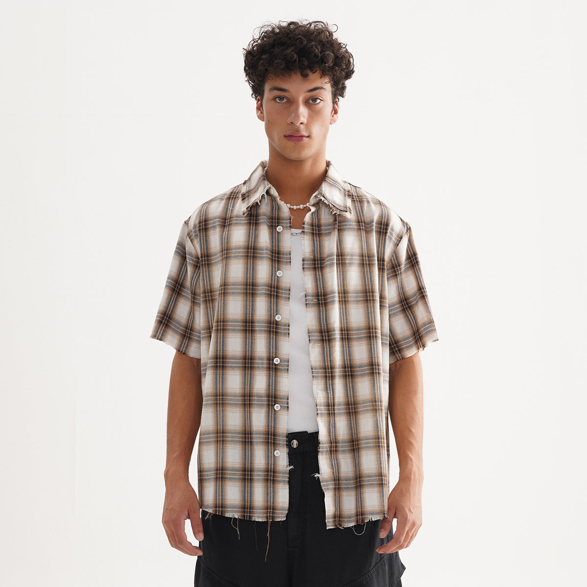 Summer Men's Fashion Trend Loose Short Sleeve Plaid Shirt