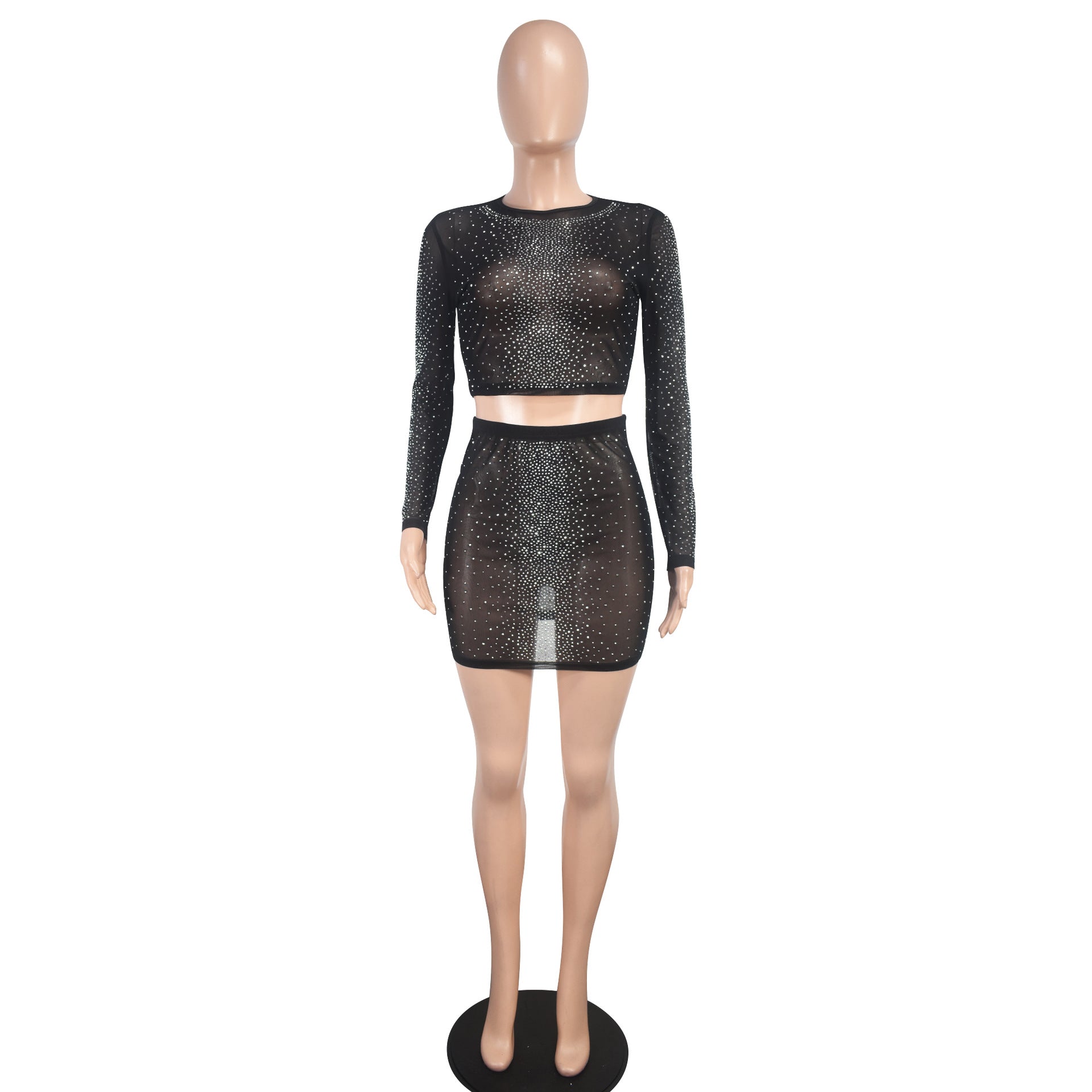 Fashion Sexy Slim See-Through Long Sleeve Beaded Mesh Top Mini Skirt Two-Piece Set 9