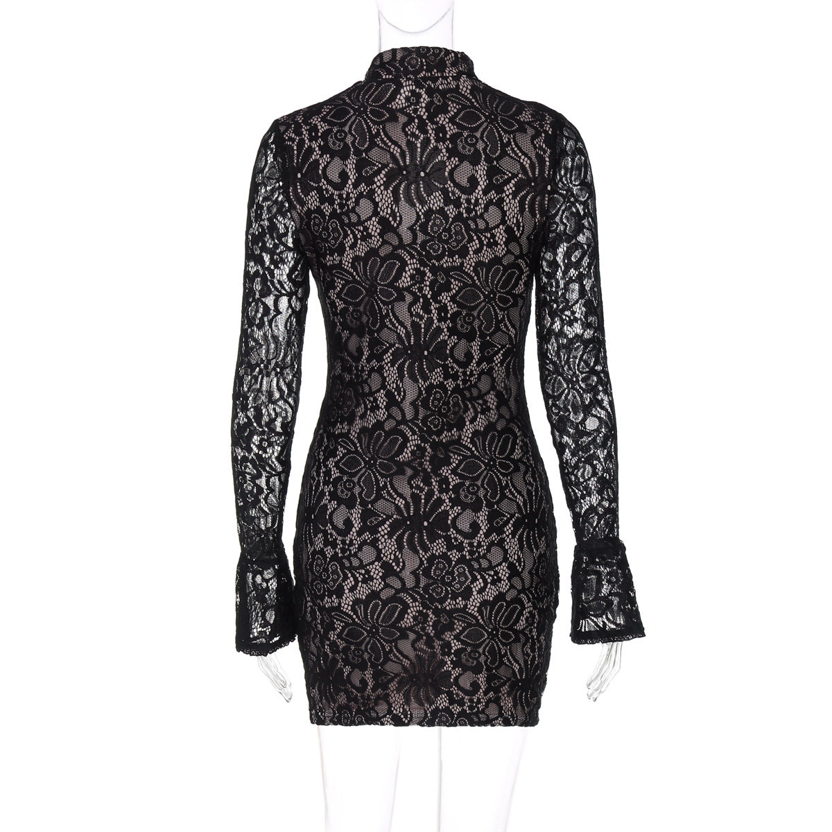 Women Winter Sexy Lace Hollow Bell Bottom Sleeve Bodycon Dress 11