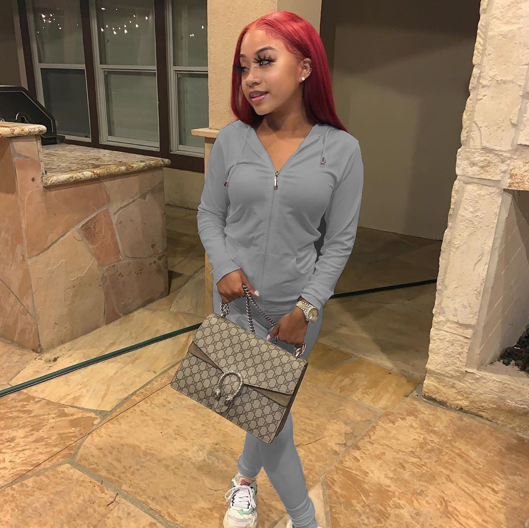 Women Summer Sports Hooded Full Sleeves Solid Pockets Regular Two Piece Pants Set 18