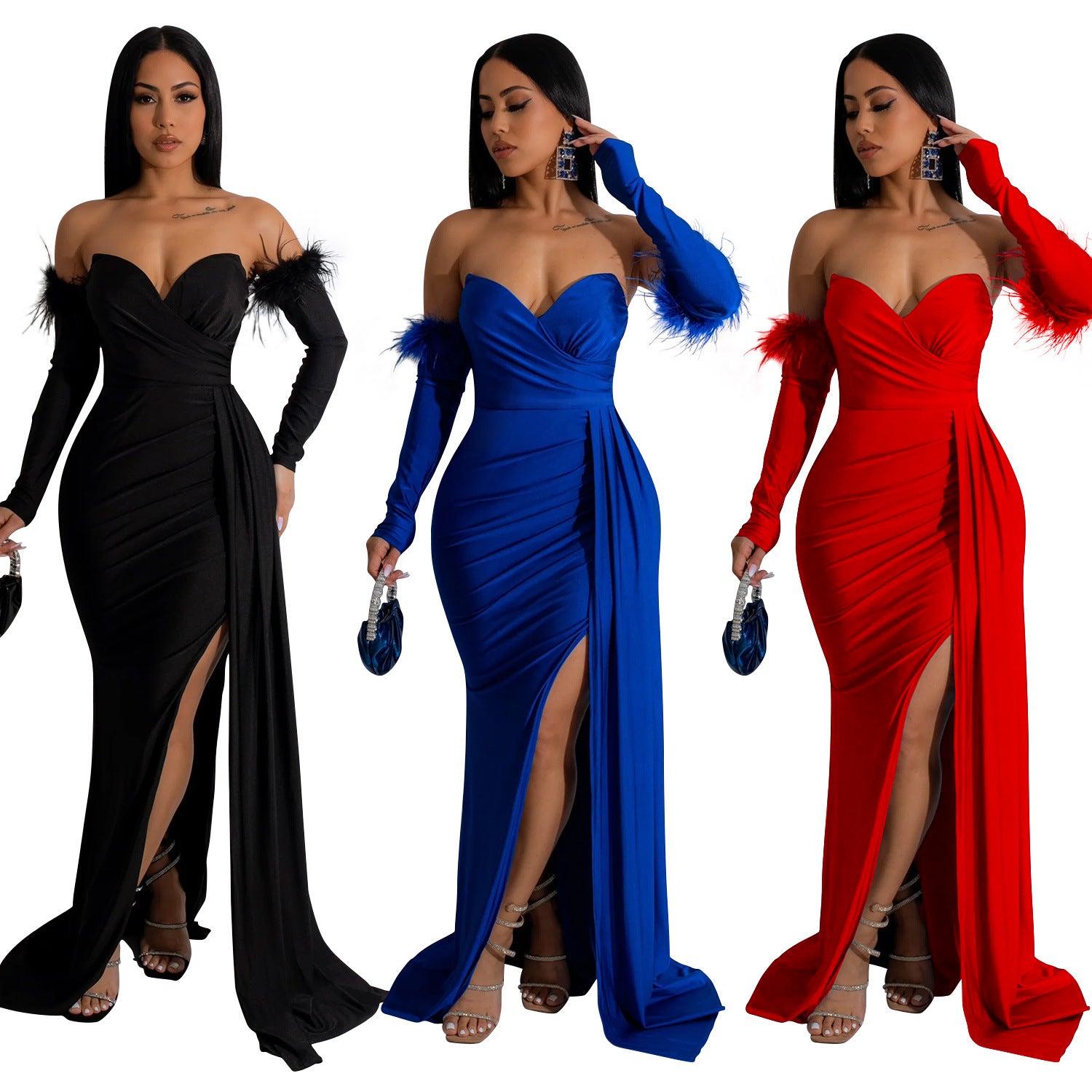 Fashion Women's Solid Color Pleated Low Back Slit Maxi Dress 17