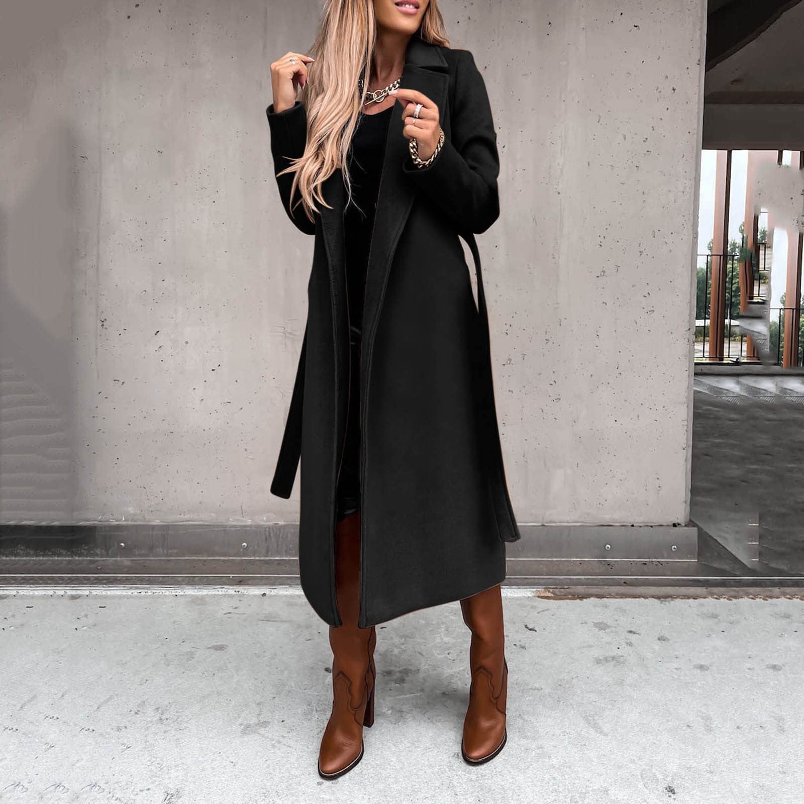 Women Solid Turndown Collar Long Sleeve Lace-Up Coat 6