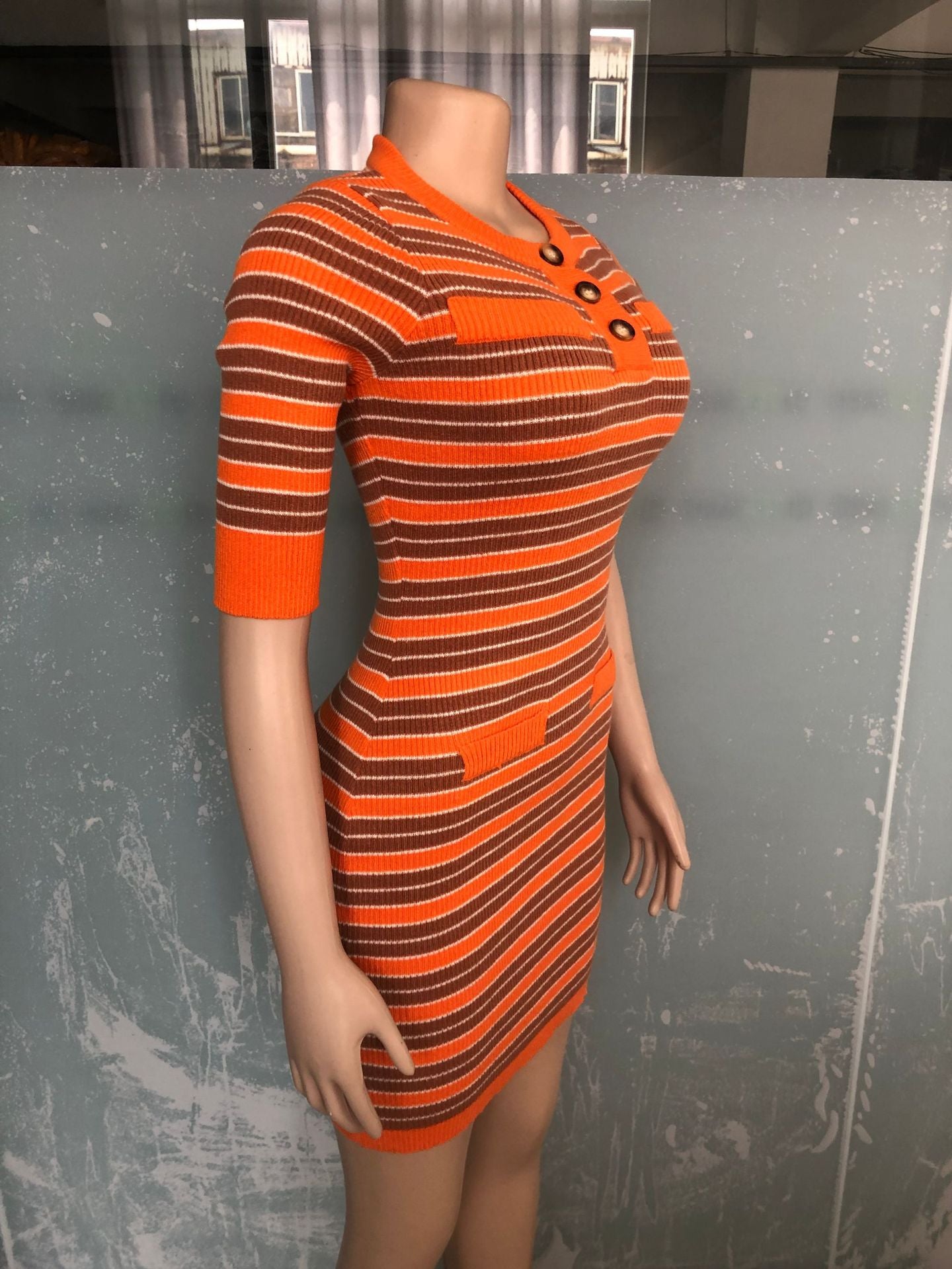 Women Round Neck Striped Knitting Short Sleeve Dress 13