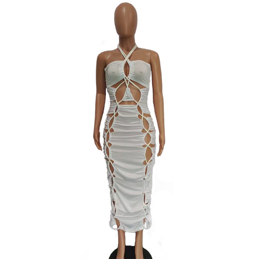 Women's Halter Lace-Up Ruched Long Dress 10