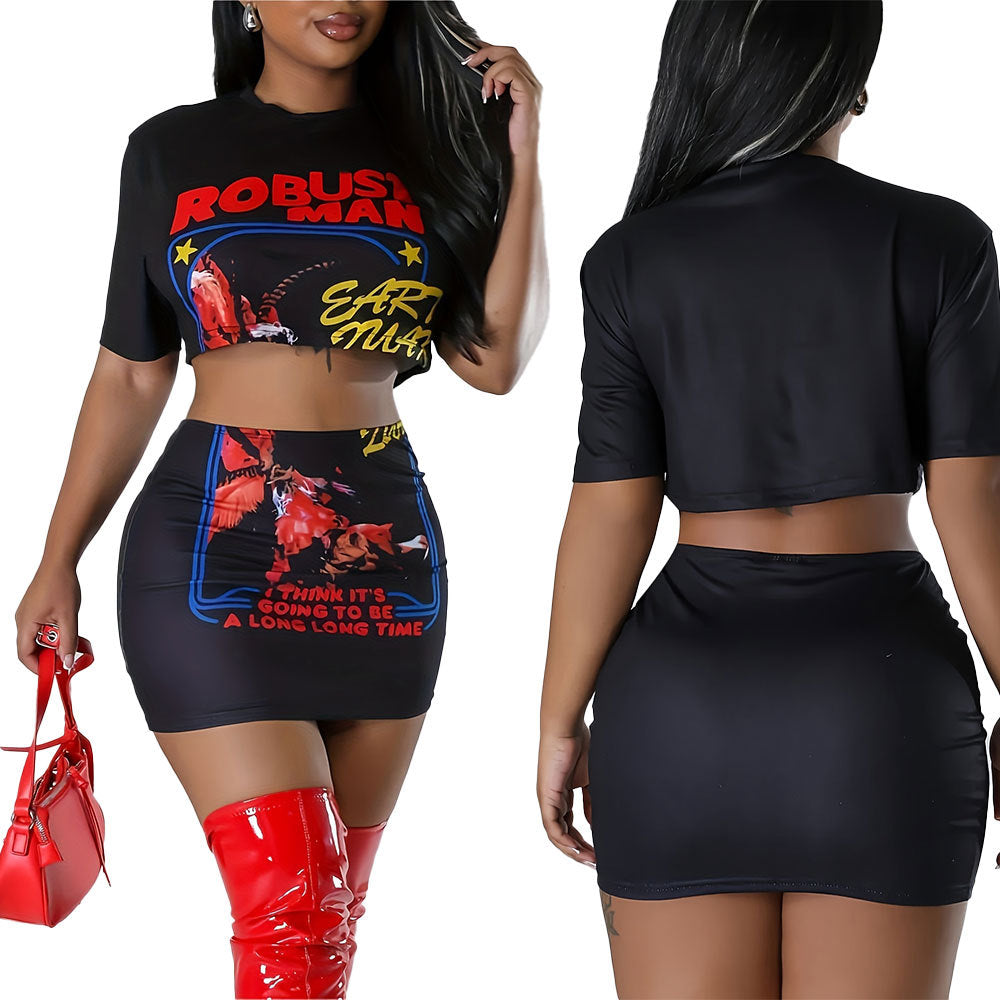 Women printed T-shirt and Skirt two-piece set 4