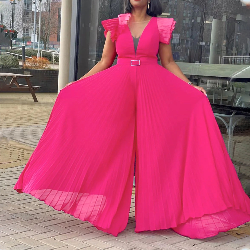 Belted Plus Size Women'smesh See-Through Sexy Pleated Wide Leg Slim Waist Jumpsuit