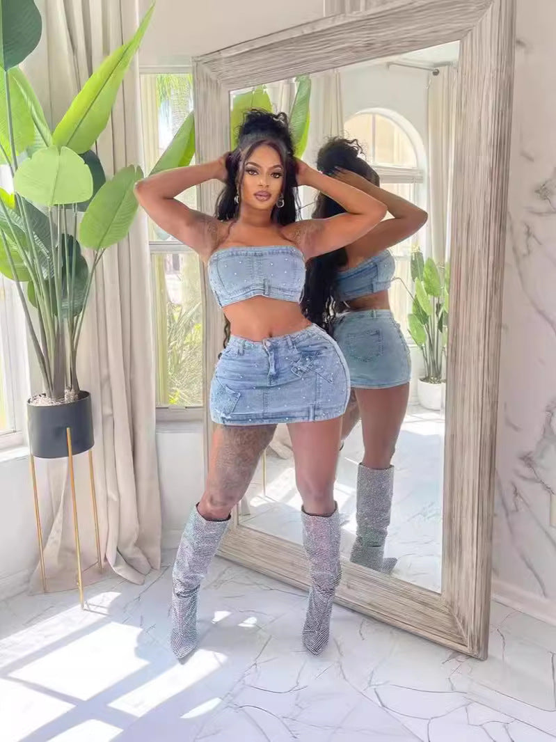 Fashionable Women's Clothing Beaded Strapless Stretch Denim Two Piece Skirt Set 4