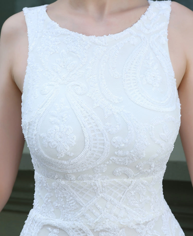 Summer Wedding White Sequins Sleeveless O-Neck Mermaid Bridal Dress 4