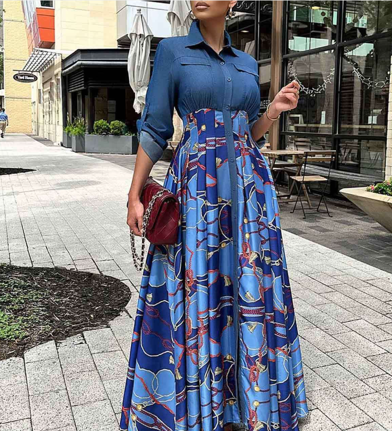 Plus Size Women Casual Denim Patchwork Print Shirt Dress