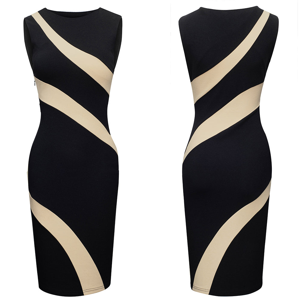 Women Summer Round Neck Sleeveless Colorblock Zip Dress 6