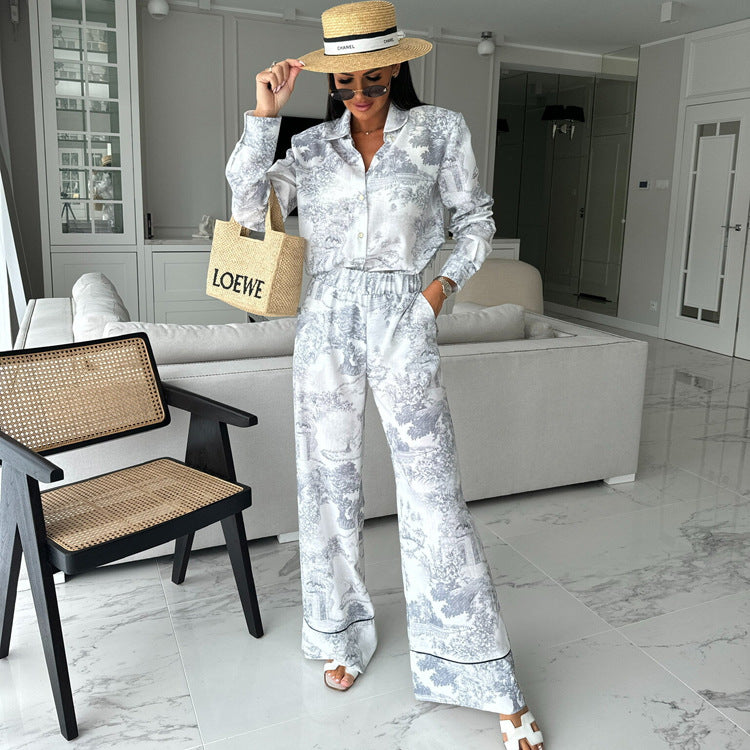 Women's Paint Print Turndown Collar Shirt High Waist Trousers Fashion Two-Piece Suit 6