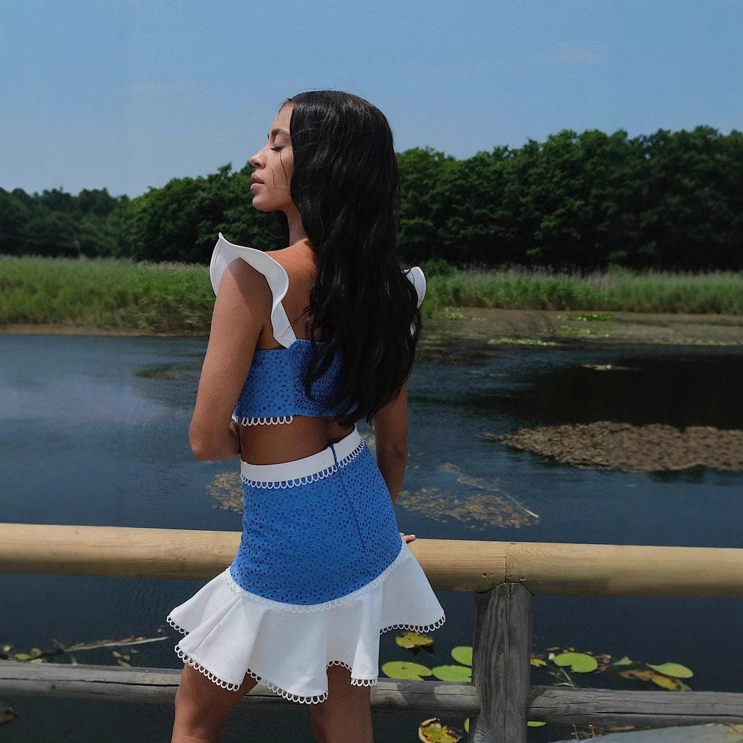 Women Ruffled Strap Top Skirt Two Piece Set
