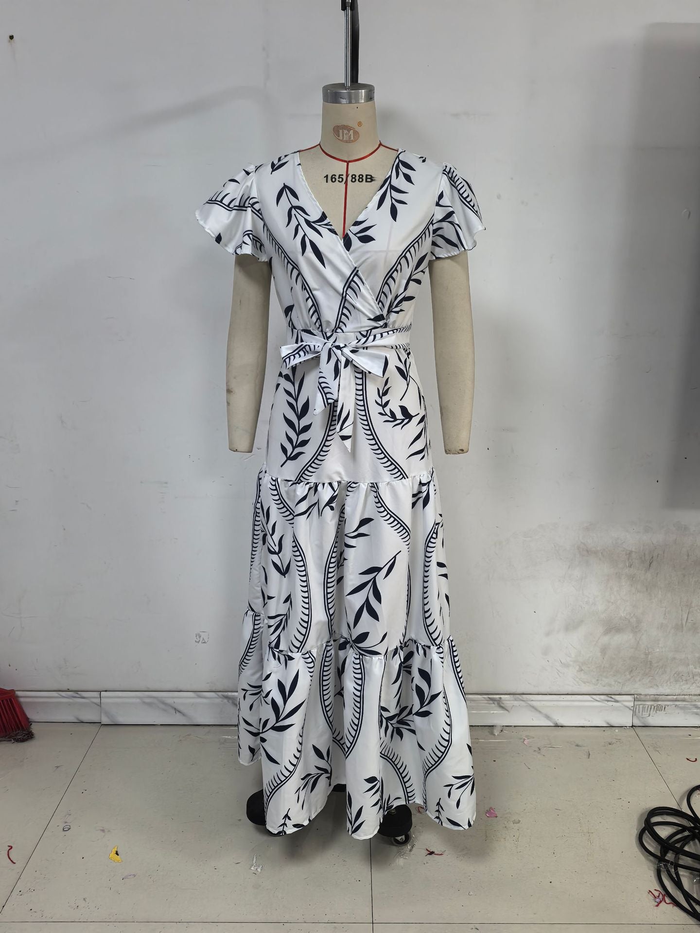 Women Spring/Summer Printed Ruffle V-Neck Sexy Maxi Dress 8