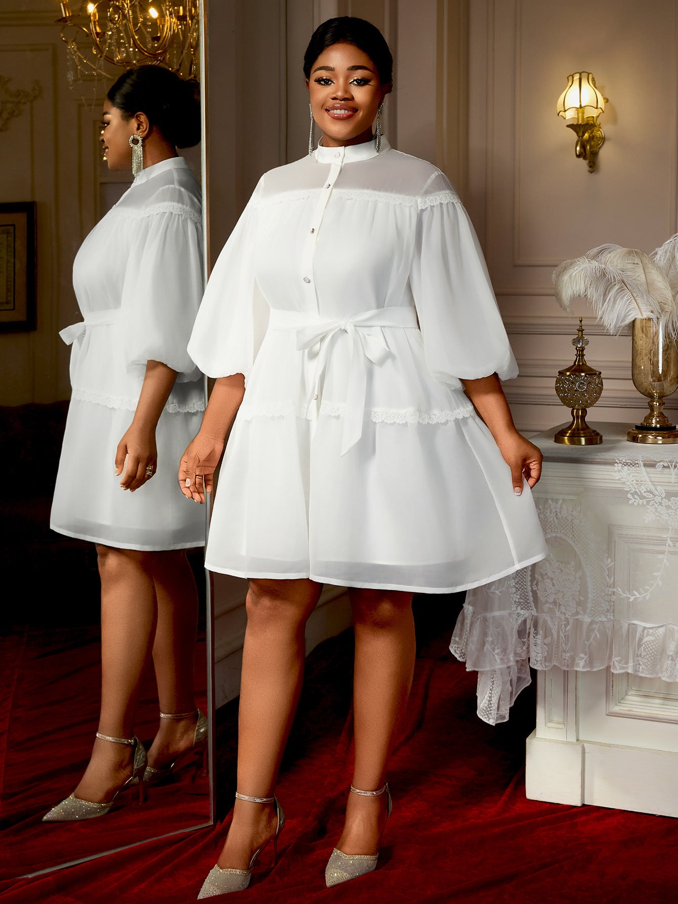 Plus Size White Lantern Sleeves Belted Button-Detail Blouse Dress Lantern Sleeves Career Wear 8
