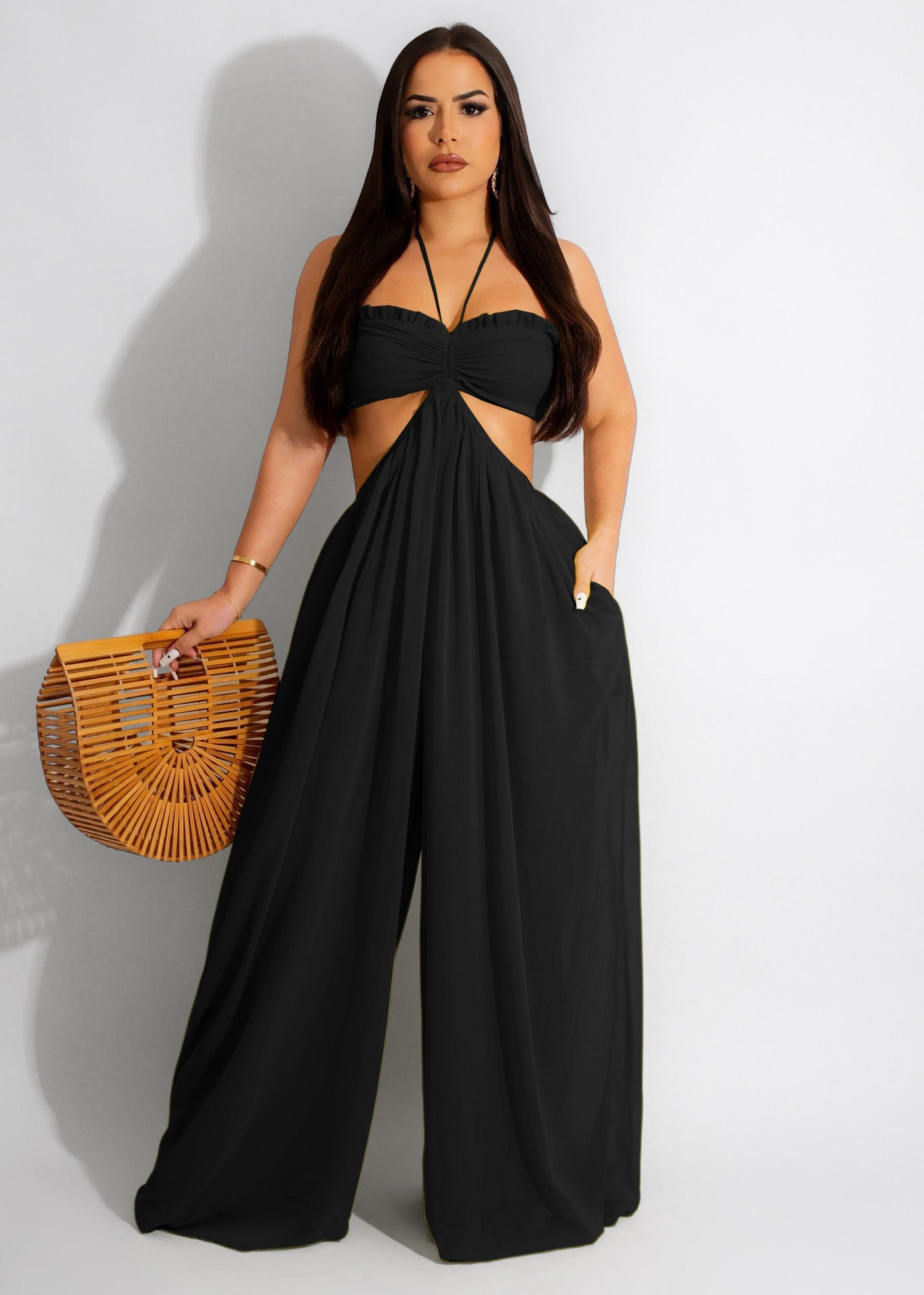 Women sexy chiffon wrap chest backless wide feet Jumpsuit