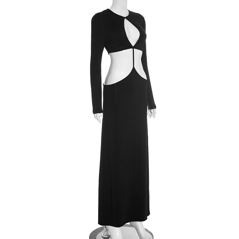 Women's Sexy Hollow Out Round Neck Long Sleeve Open Waist Slim Maxi Dress 6