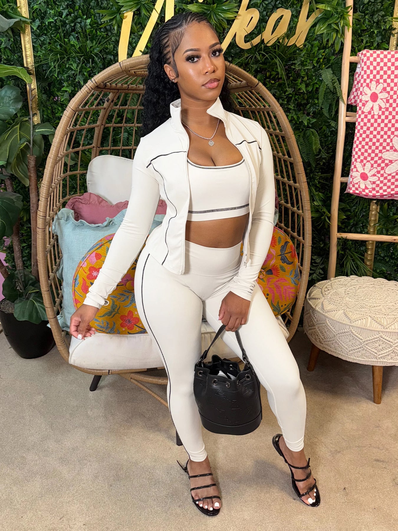 Women Zippered Thumb-Sleeve Long-Sleeved Top and Pants Three-Piece Set 3