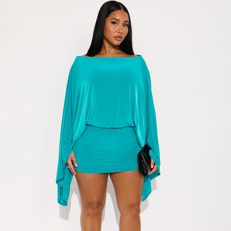 Women Off-Shoulder Bell Bottom Long-Sleeved Top and Skirt Two-Piece Set