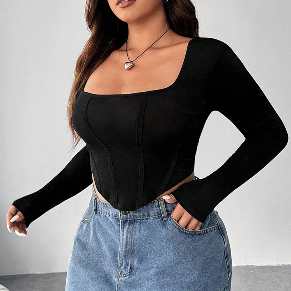 Plus Size Women Square Neck Solid Basic Irregular Top 4