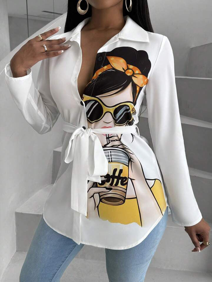 Women cartoon printed shirt (including belt) 5
