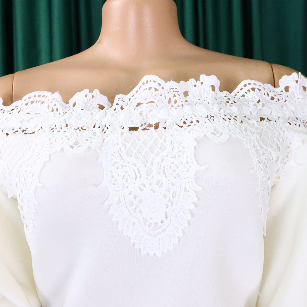 Women Off Shoulder Puff Sleeve Lace Patchwork Formal Party Mermaid Dress 19