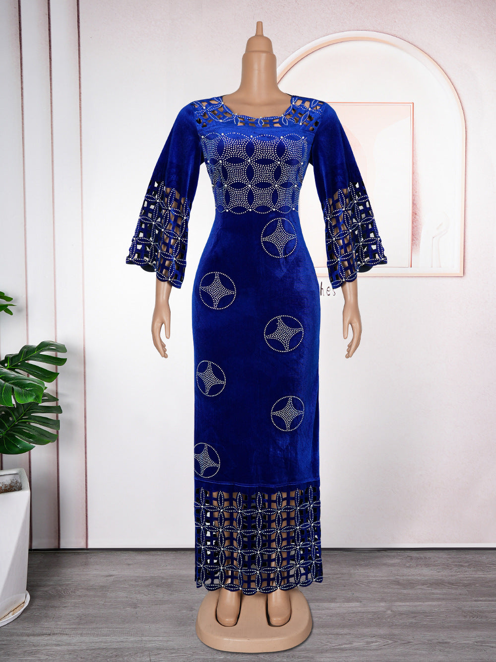 Fashion Beaded Slim Long Dress African Velvet Evening Dress 7