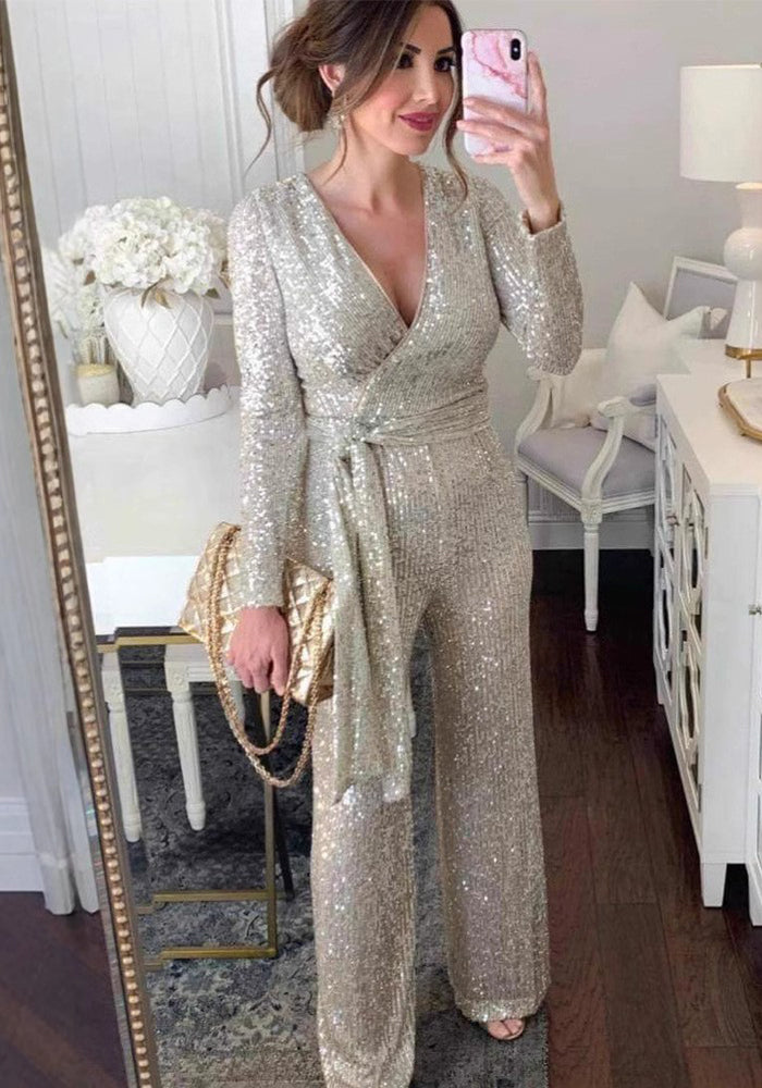 Women V Neck Long Sleeve Sparkling Sequin Jumpsuit