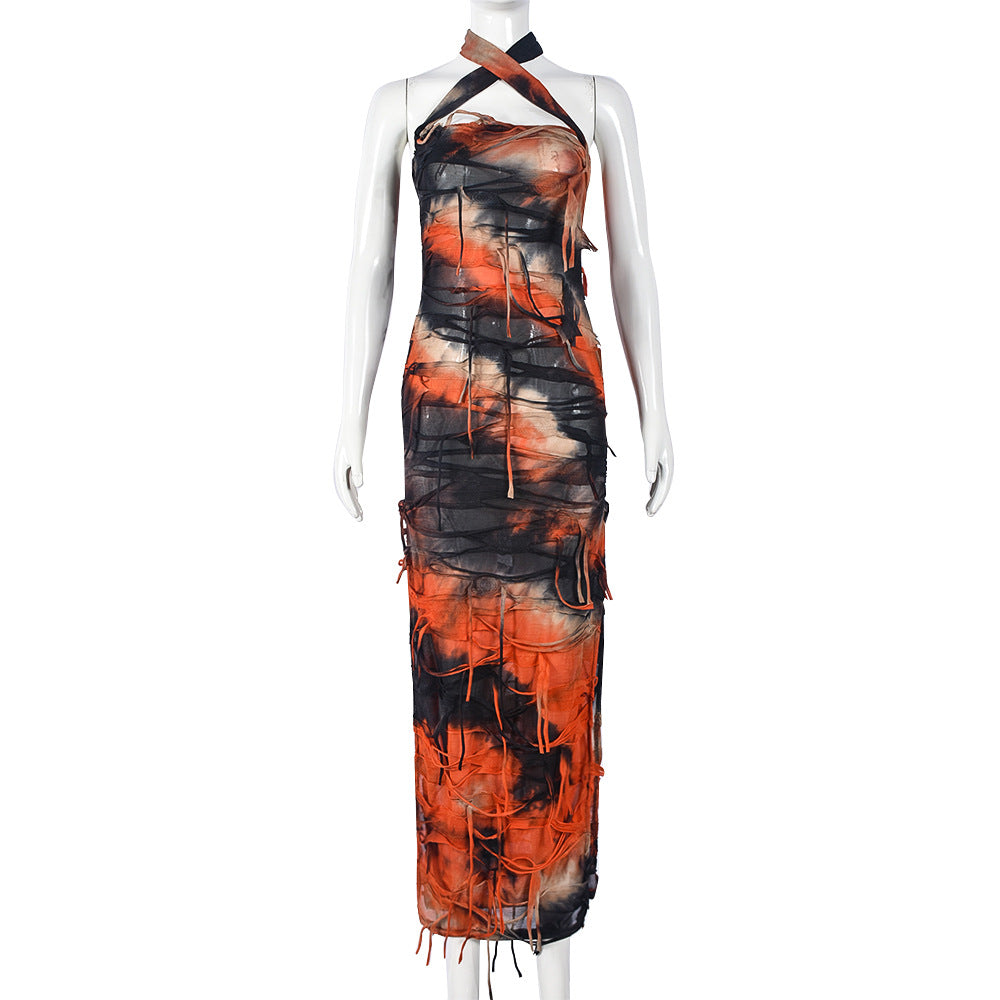 Women summer sleeveless backless split tie-dye dress 13