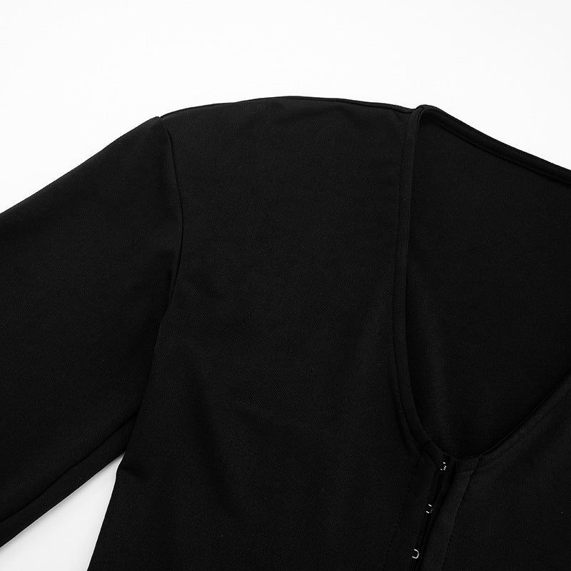 Women's Autumn Winter Round Neck Buttons Slim Waist Long Sleeve Top Shorts Set 18